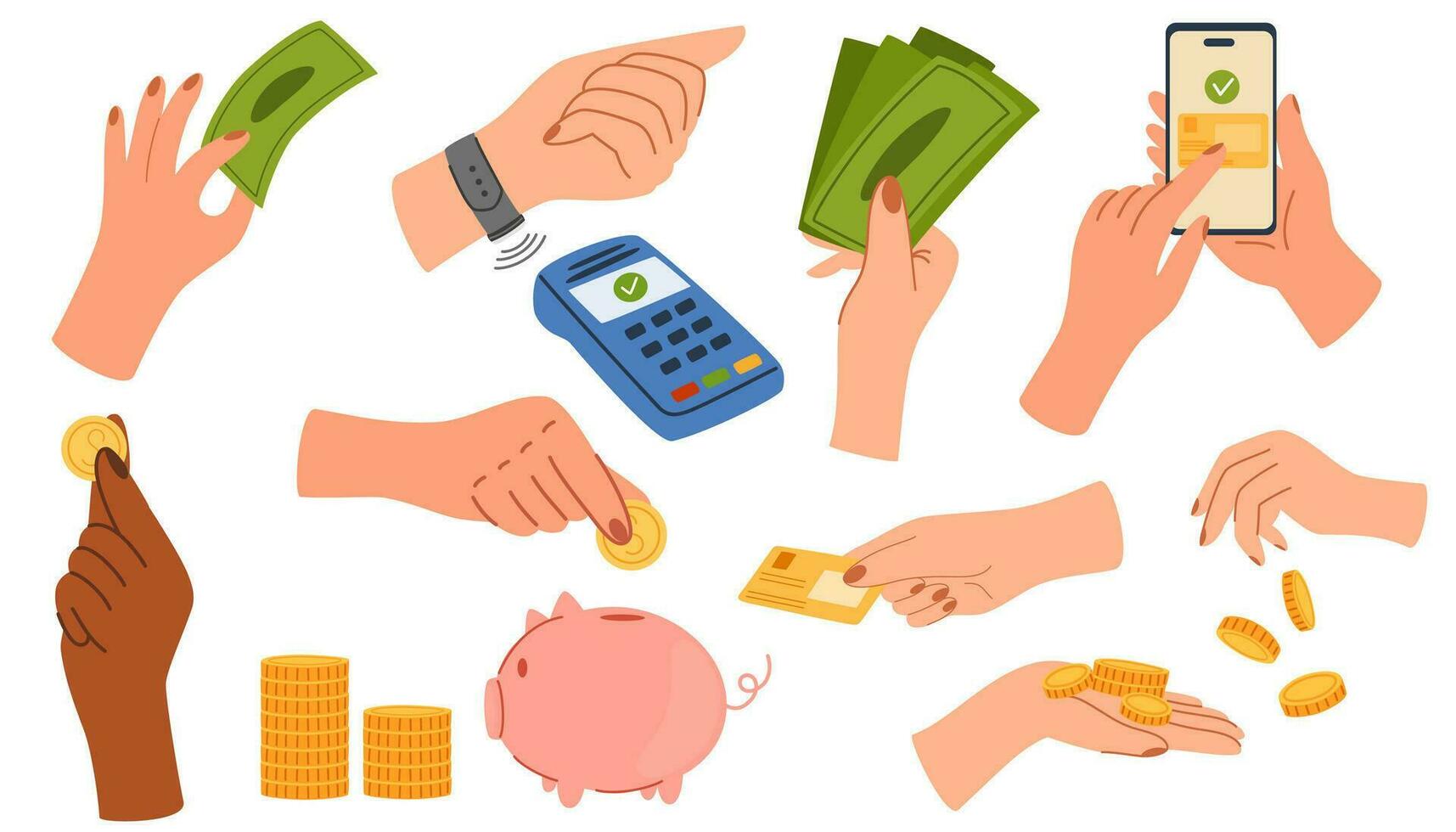 Hands holding money set. Coins, cards and cash on fingers and palms, bank cards, paying, counting, giving currency. Finance, investments and donation concept. Finance flat vector illustration