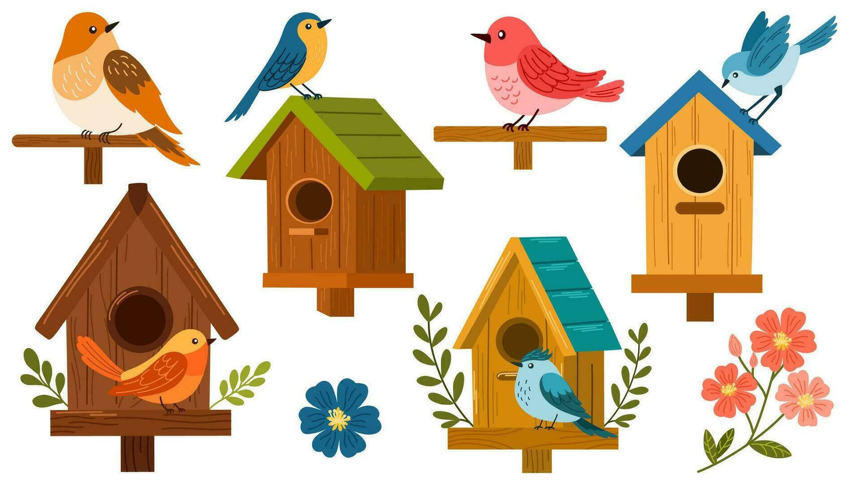 Bird houses set vector illustration. Birdhouse with a bird, homemade nests, feeders and homes, for summer and spring birds. Cartoon cute colorful birdhouses collection, feeder on garden tree