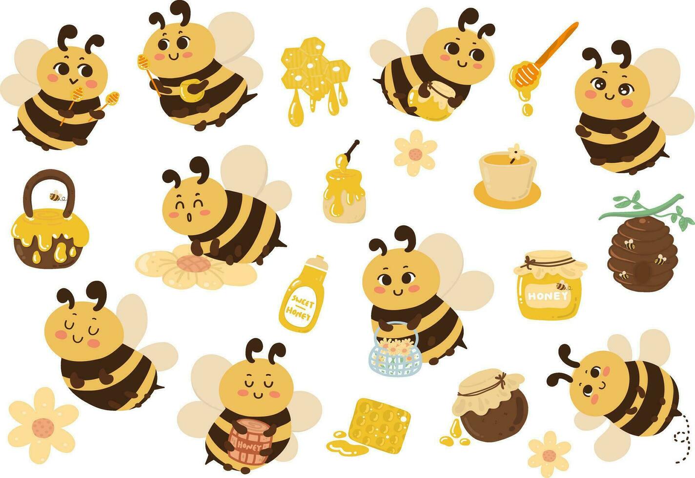 Chubby bees and Honey set. Bee cartoon cute drawing. vector