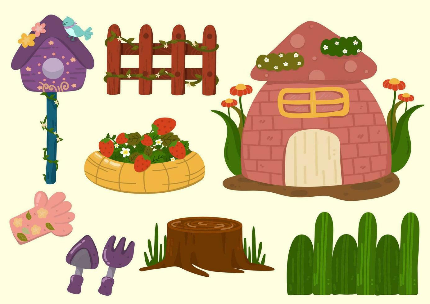 Set of farm house. bird house. Strawberries in Pot. Wooden Fence with flower. Clipart elements hand drawn illustration. vector