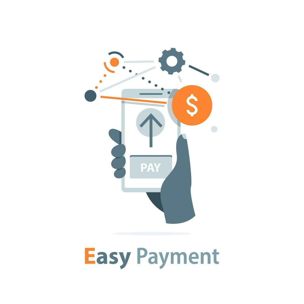 Easy payment method,Online shopping. Hands holding a mobile phone with an application. Payment through an online banking application or electronic wallet vector