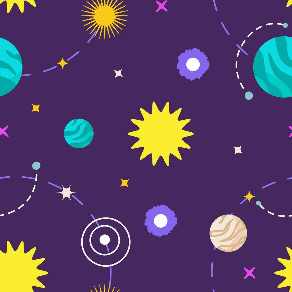 Seamless patterns with planets, stars and asteroids. Vector space illustration