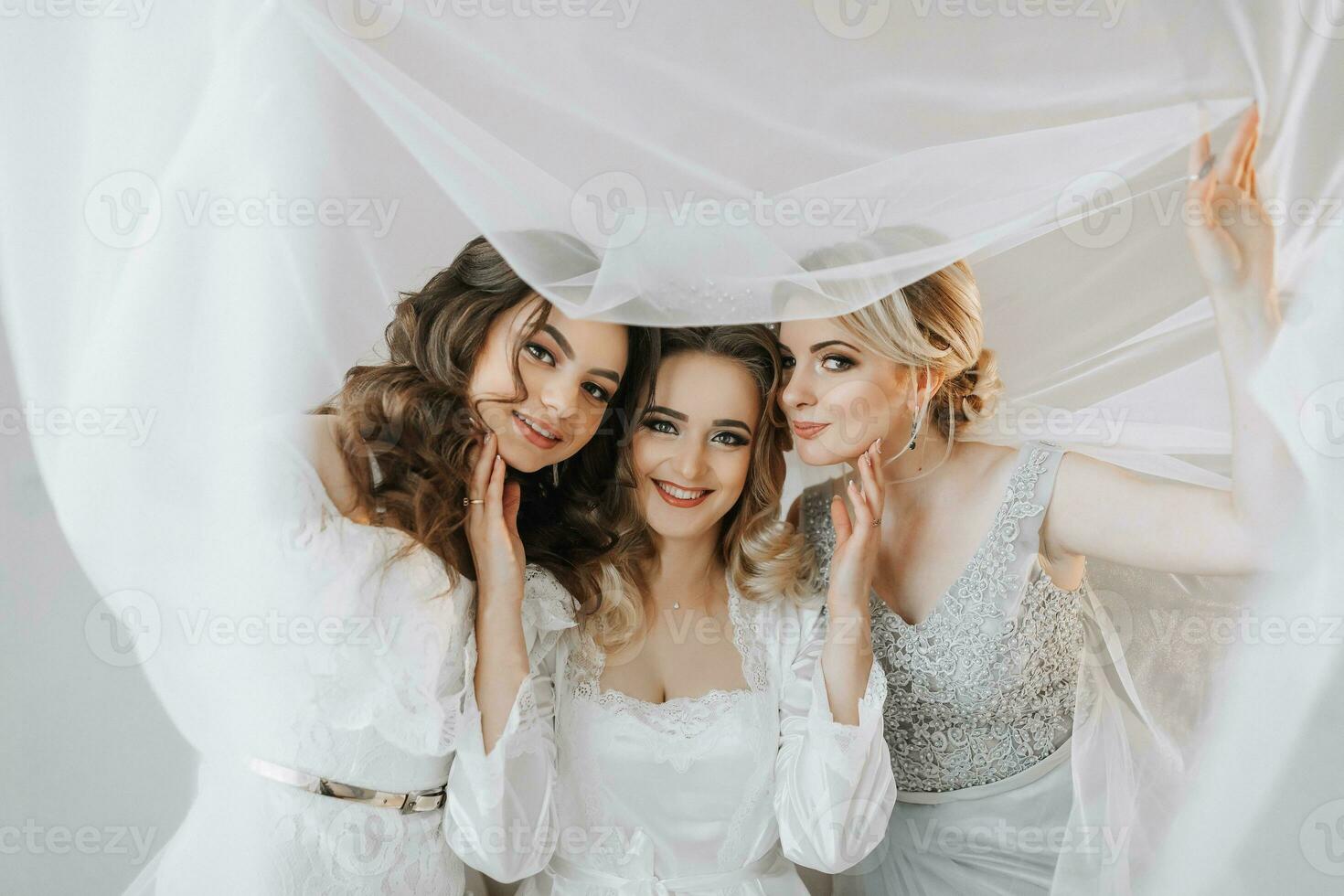 The bridesmaids are looking at the camera. All under the bride's veil. The bride and her fun friends celebrate the bachelorette party in different dresses. Bride and friends in the room photo