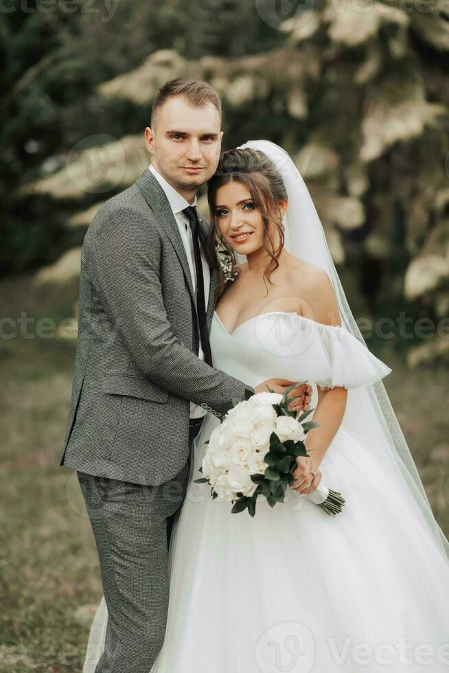 retrato de el novia y novio en naturaleza. recortado foto. el novia y novio pose, abrazando y sonriente, en contra el antecedentes de coníferas el novia en un largo vestir con un ramo de flores de rosas. foto