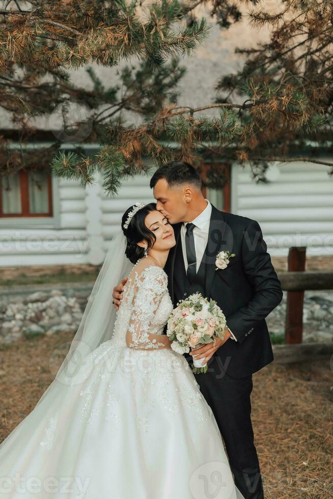 The brunette bride and groom in a white long dress are standing and hugging against the background of coniferous trees and a white hut. Stylish groom. Beautiful hair and makeup photo