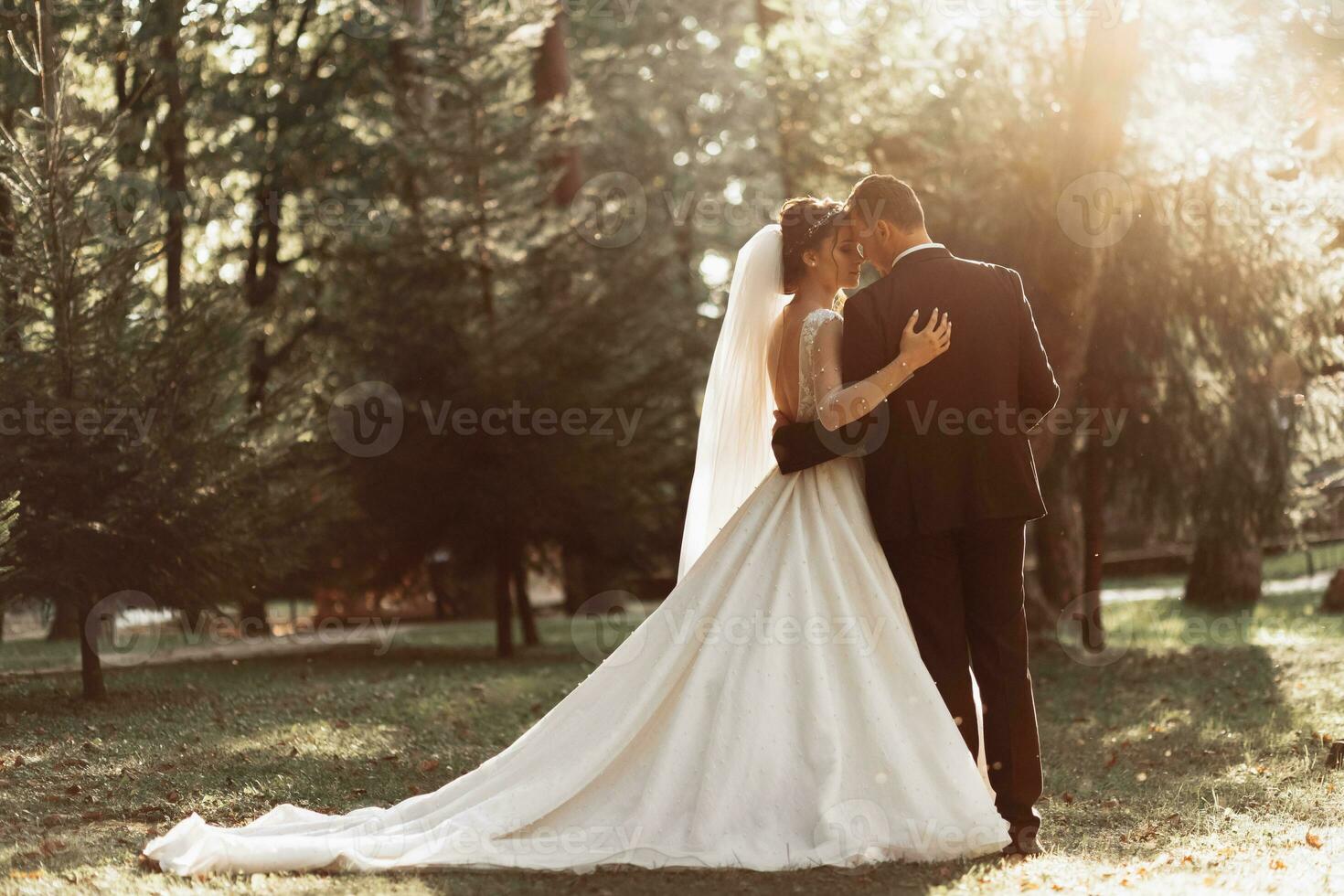Romantic fairytale newlywed couple hug and kiss in forest at sunset photo
