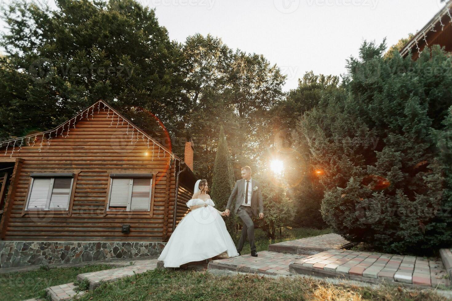 retrato de el novia y novio en naturaleza. elegante novio y morena novia en un blanco voluminoso vestido, caminando, participación manos y mirando a cada otro en contra el antecedentes de el bosque. foto