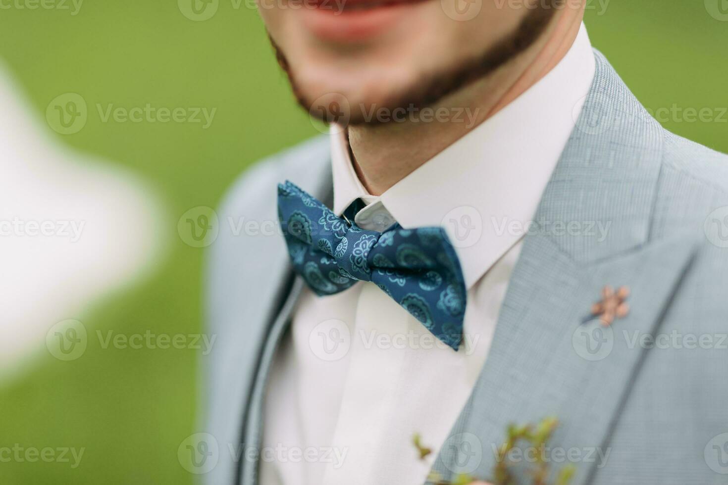 Cropped photo. Groom's blue bow tie and beard. Stylish groom on the background of a green field. White shirt. Fashion and style. photo