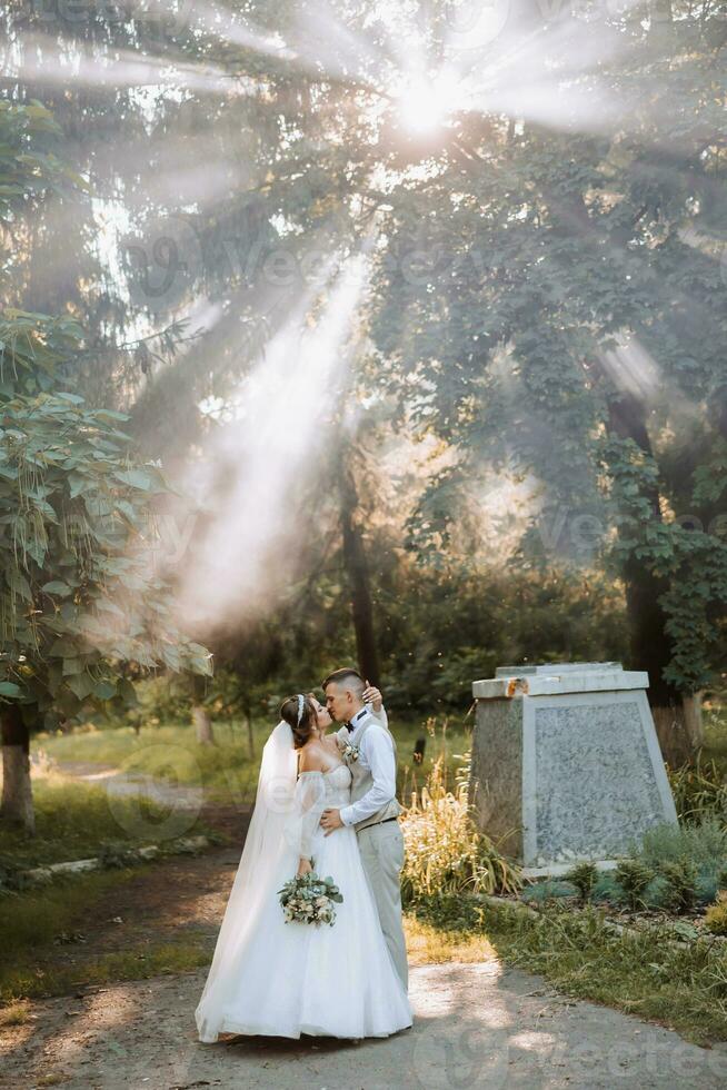 beautiful couple in love on their wedding day. A walk in the park in the sunlight through the leaves of the trees, the bride and groom embrace. Amazing kisses and hugs photo