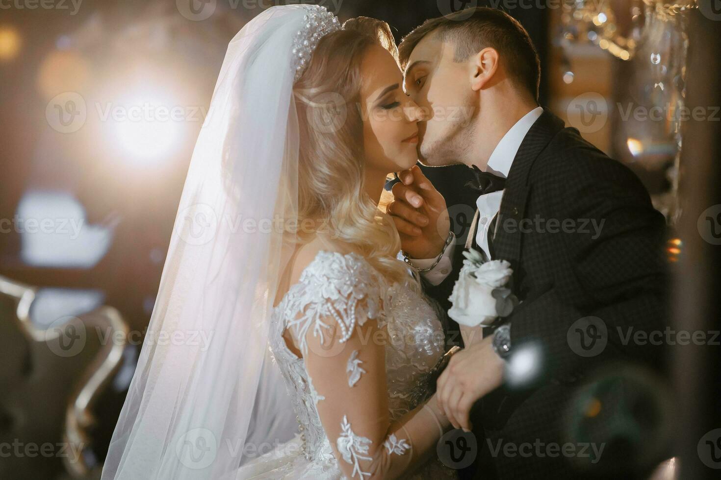 a beautiful bride in a wedding dress with a beautiful hairstyle and a groom in a black suit in a beautiful wooden interior photo