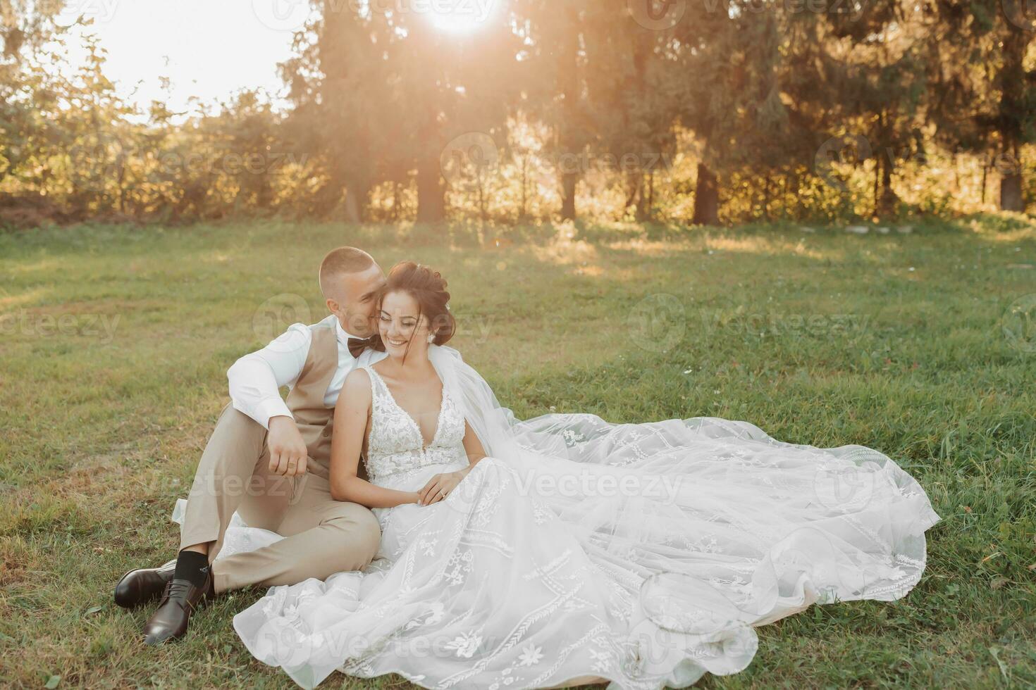 Wedding portrait of the bride and groom. The bride and groom are sitting on the green grass and posing. Behind the bride and groom, the beautiful sun shines through the large Christmas trees. photo