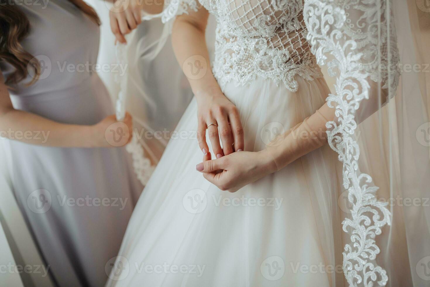 retrato. recortado foto. un morena novia en un vestir soportes siguiente a su amigos. foto de un anillo en el de la novia mano. voluminoso velo. Boda foto. hermosa novia