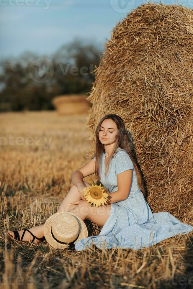 Portrait of a young girl. A girl in a blue dress holds a sunflower flower against a background of hay bales. Long straight hair. Nice color. Summer photo