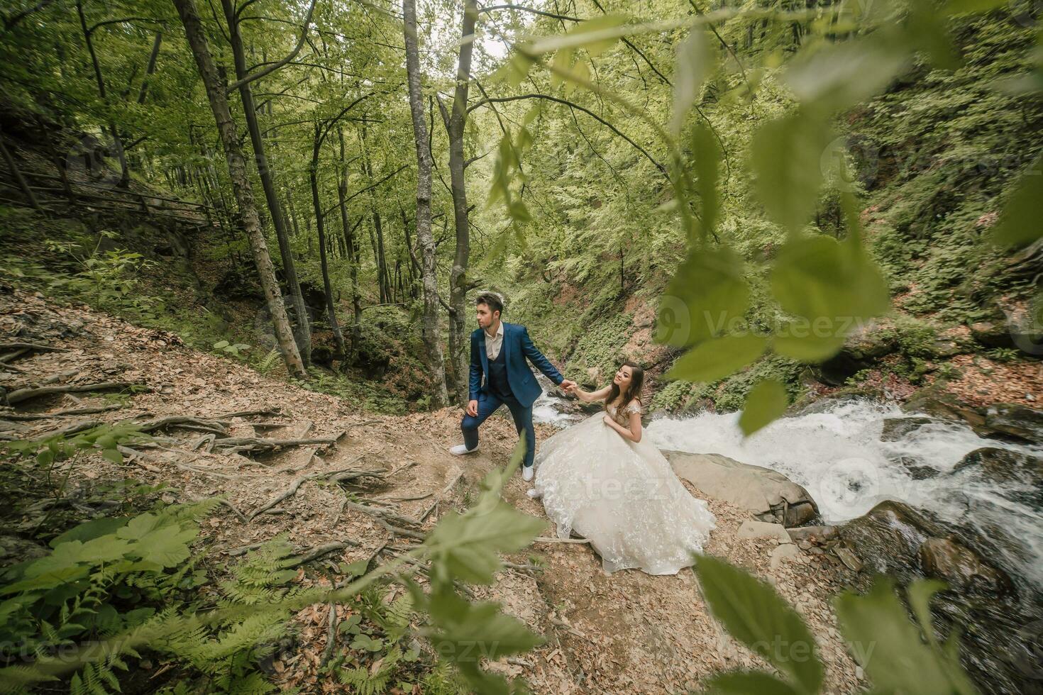 The groom holds the bride's hand and leads her up the hill. Wedding photo session in nature. Photo session in the forest of the bride and groom.
