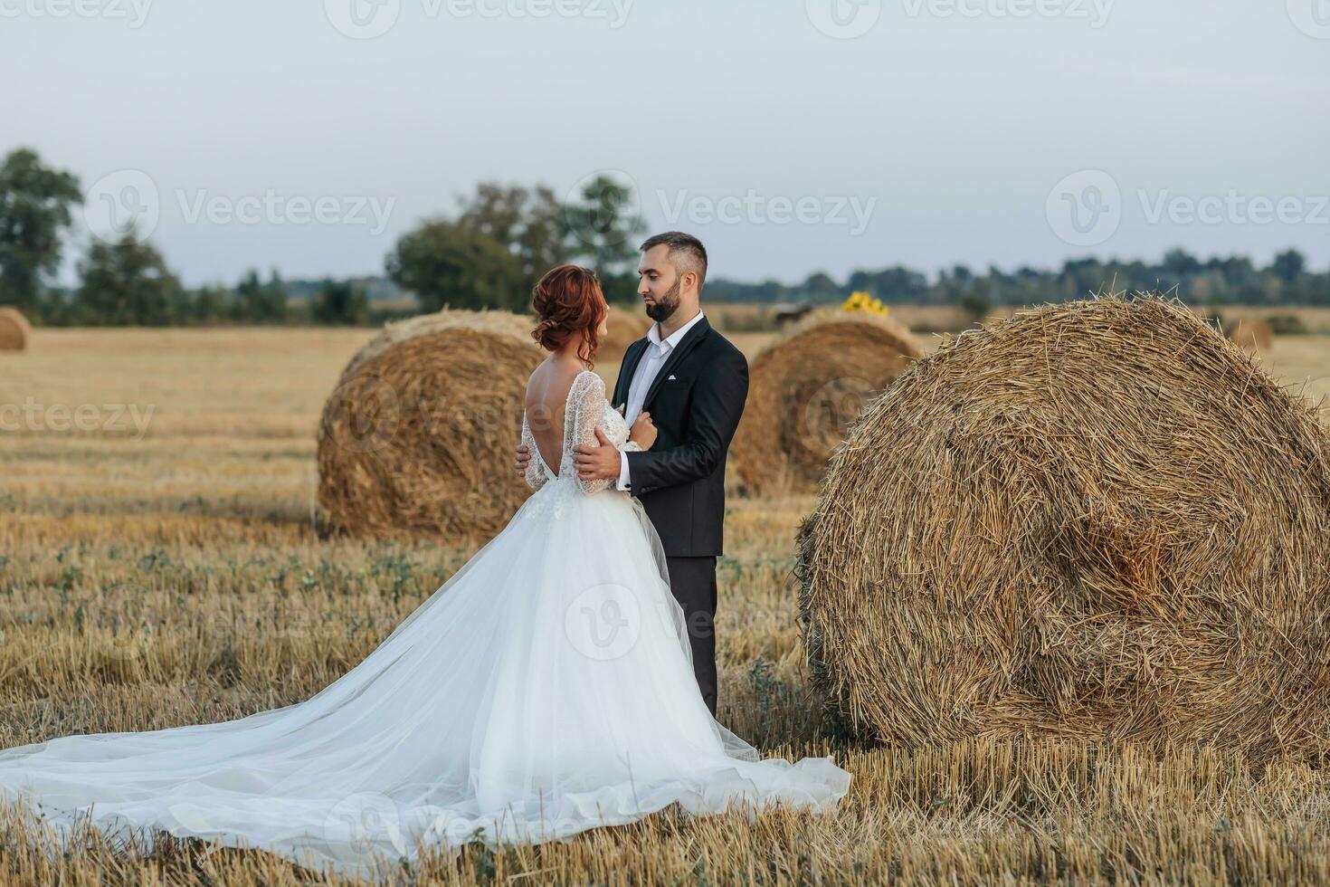 The bride and groom are standing in the field, and behind them are large sheaves of hay. The bride stands with her shoulders turned to the camera. Long elegant dress. Stylish groom. Summer photo