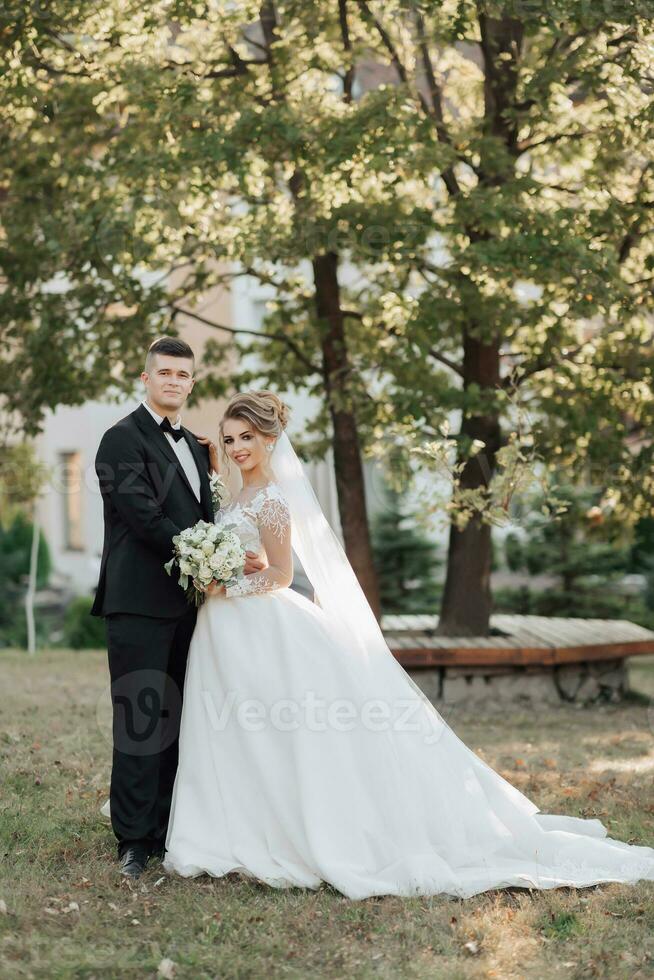 Boda retrato. el novio en un negro traje y el rubia novia son de pie, abrazando, posando participación un ramo de flores debajo un árbol. foto sesión en naturaleza. hermosa pelo y maquillaje