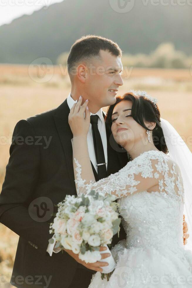 Boda foto en naturaleza. el novio en un negro traje y el novia son en pie en un campo en contra el antecedentes de montañas, el novio abrazos su amado desde detrás y Besos su. retrato.