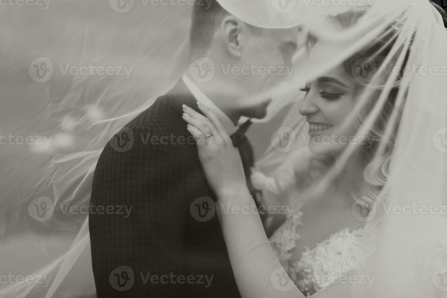 Groom and bride in the forest. Autumn wedding in the forest. Happy wedding, loving couple tender touches under the veil. Stylish and beautiful. Princess dress with a long train. black and white photo