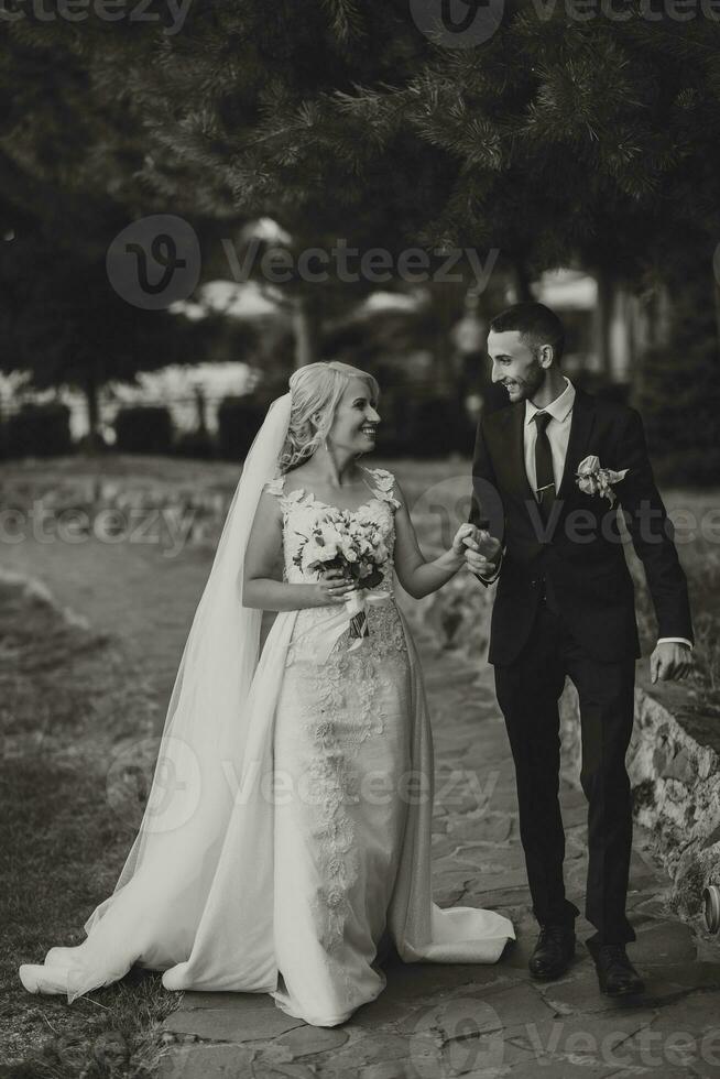 The groom in a black suit and white shirt gently touches and holds the hand of the bride in a white wedding dress, standing near a lake and stones photo