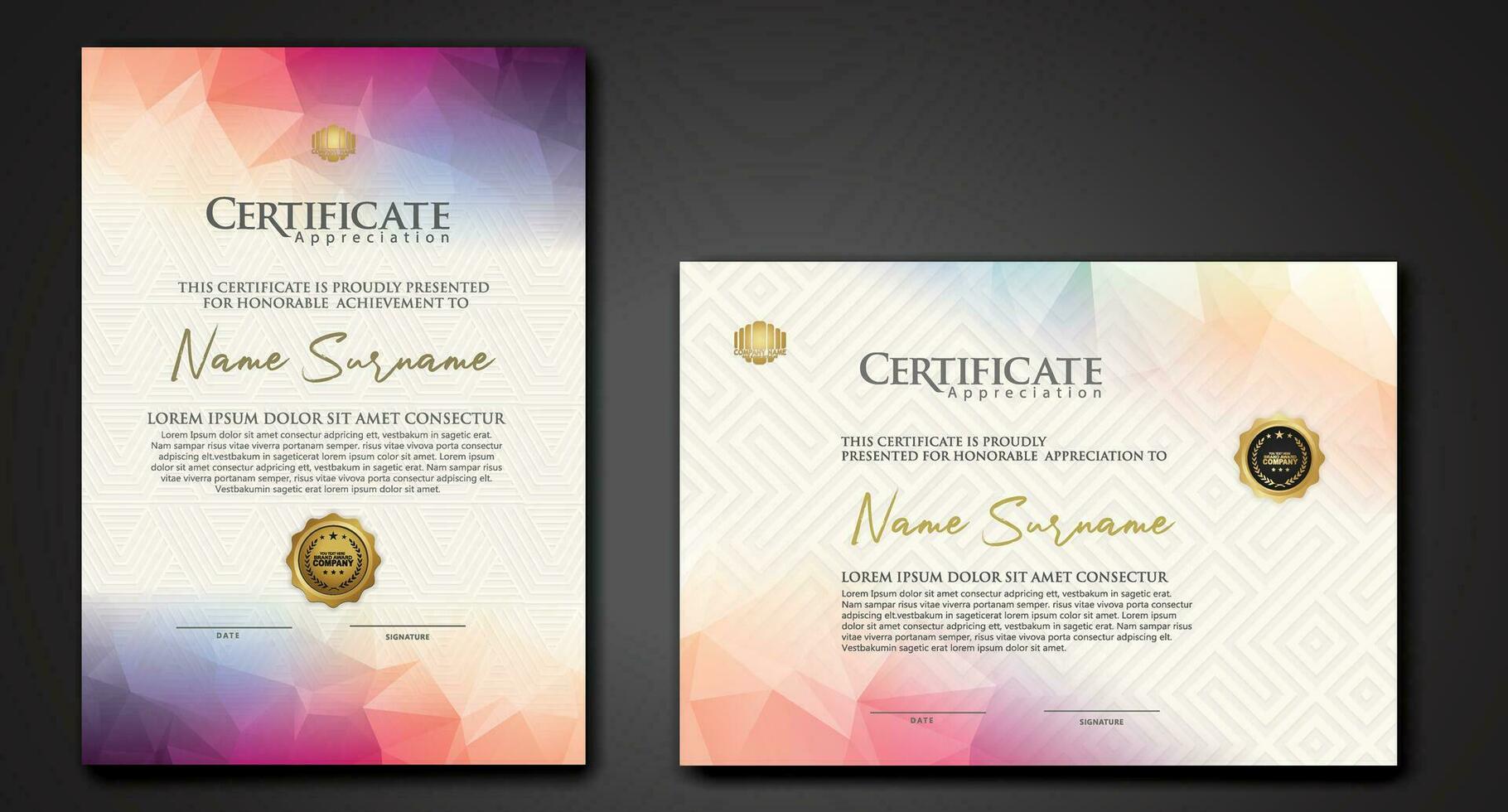 Modern certificate template with colorful polygonal shape effect vector