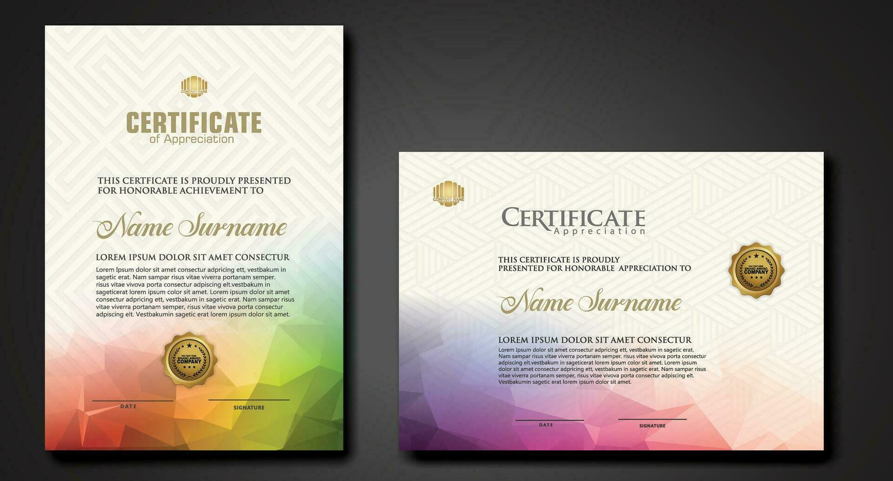 Modern certificate template with colorful polygonal shape effect vector