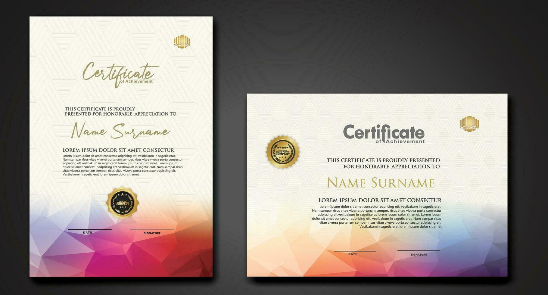 Modern certificate template with colorful polygonal shape effect vector