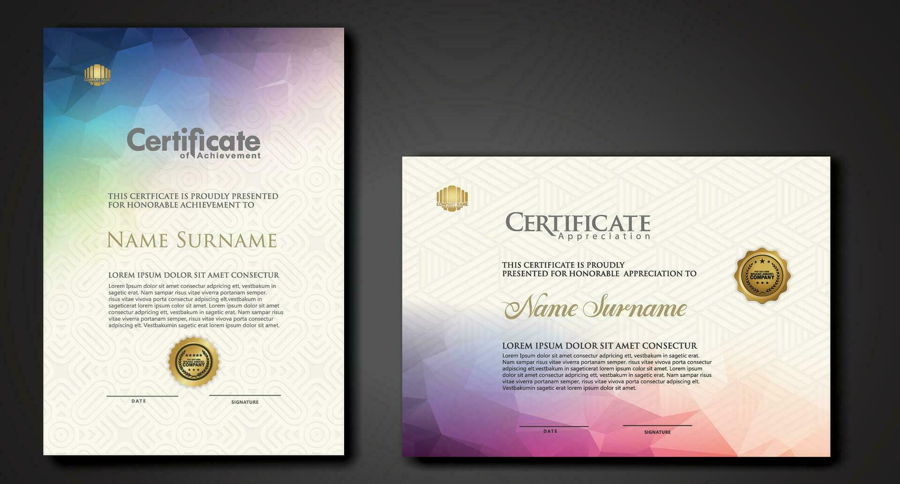 Modern certificate template with colorful polygonal shape effect vector