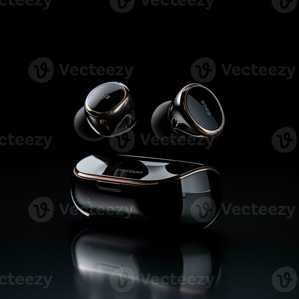 AI generated TWS Bluetooth Earbuds black color  in black background ai generated photo