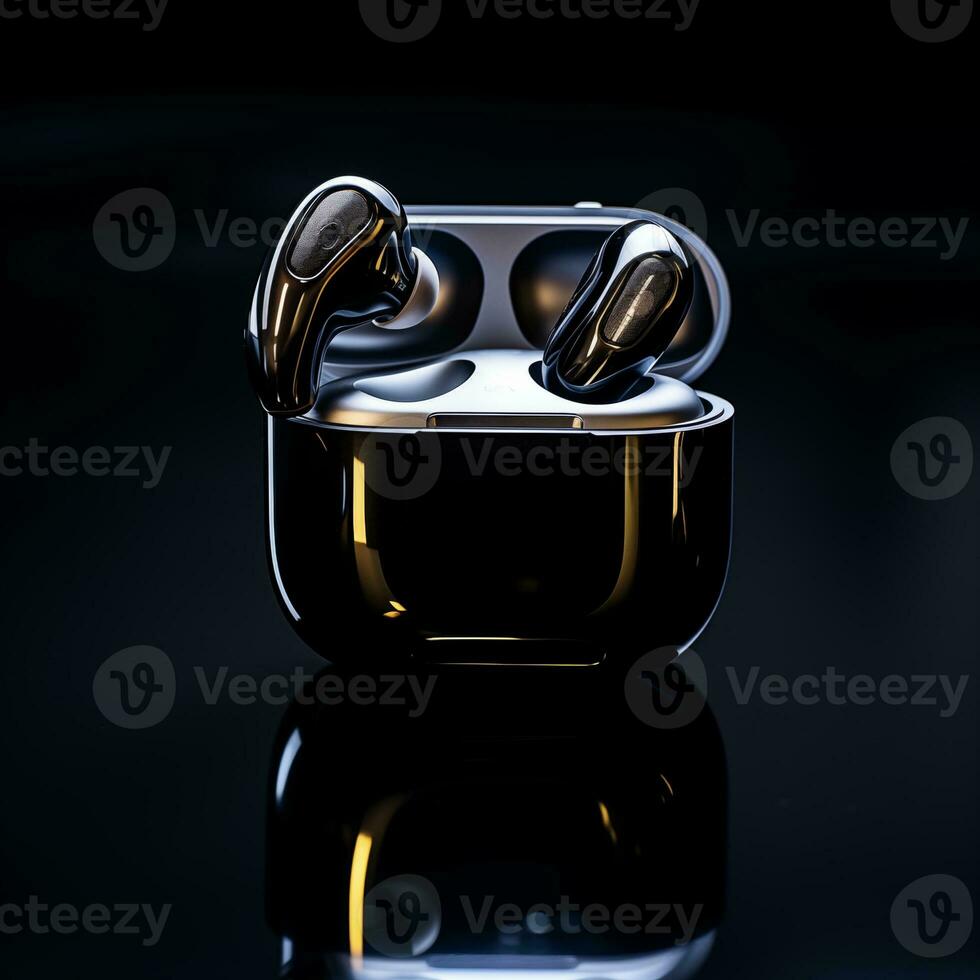 AI generated TWS Bluetooth Earbuds black color  in black background ai generated photo