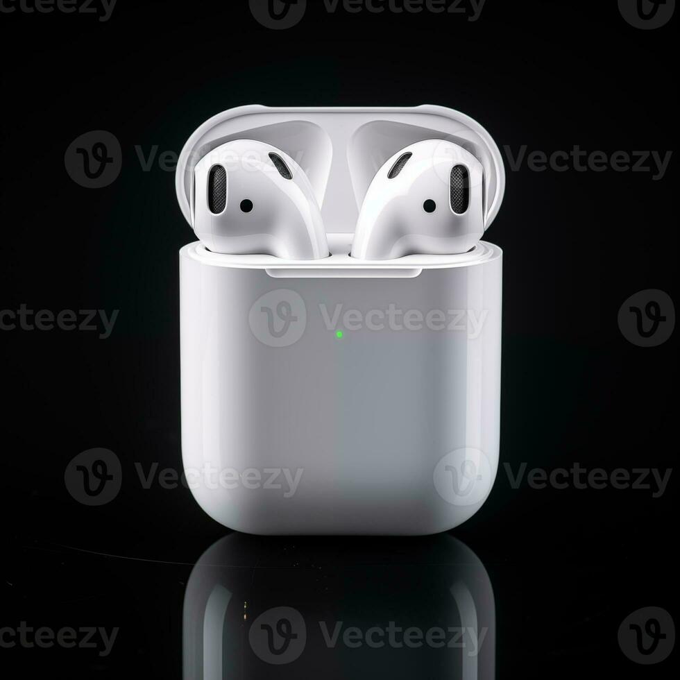 AI generated TWS Bluetooth Earbuds white color in black background ai generated photo