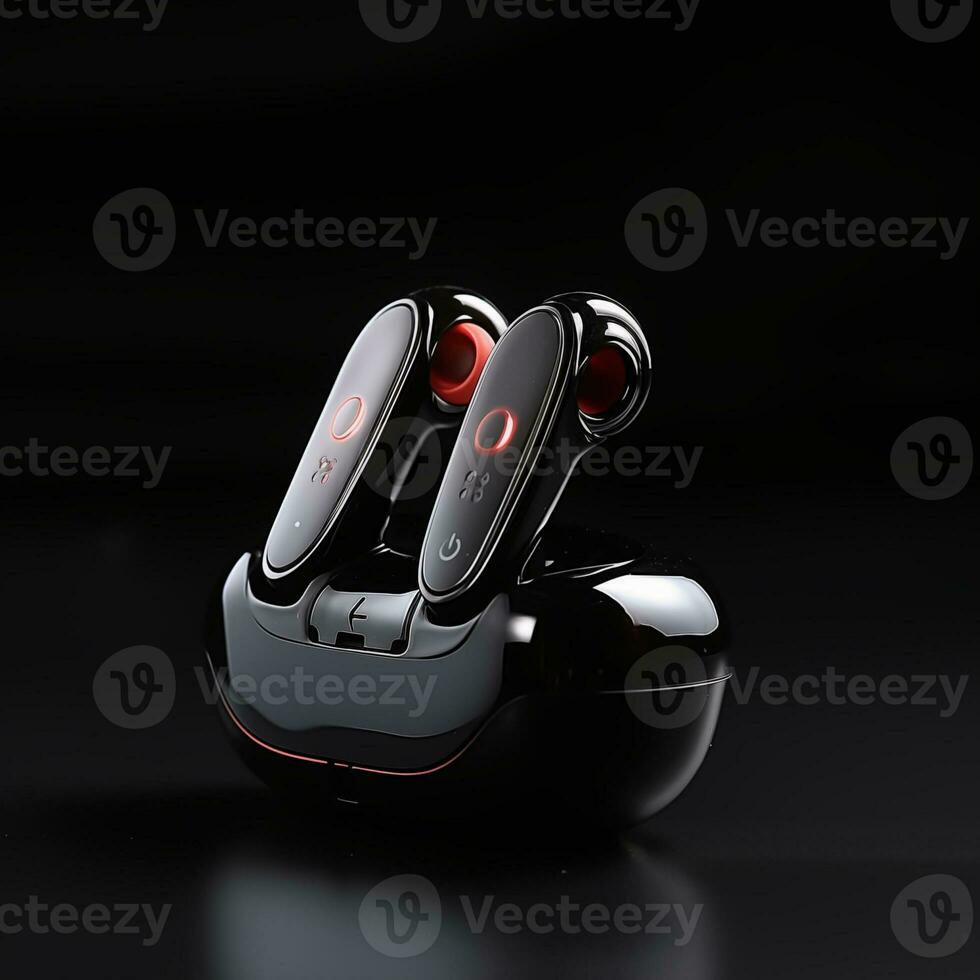 AI generated TWS Bluetooth Earbuds black color  in black background ai generated photo