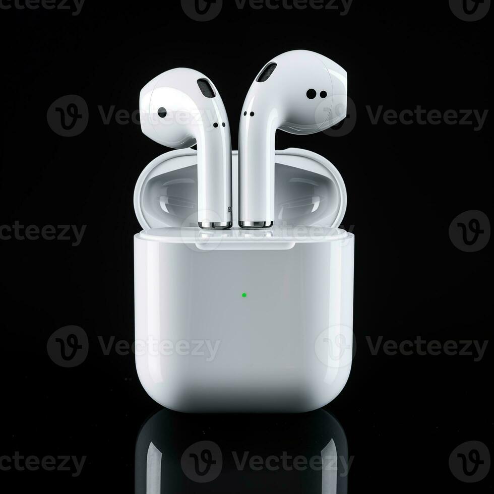 AI generated TWS Bluetooth Earbuds white color in black background ai generated photo