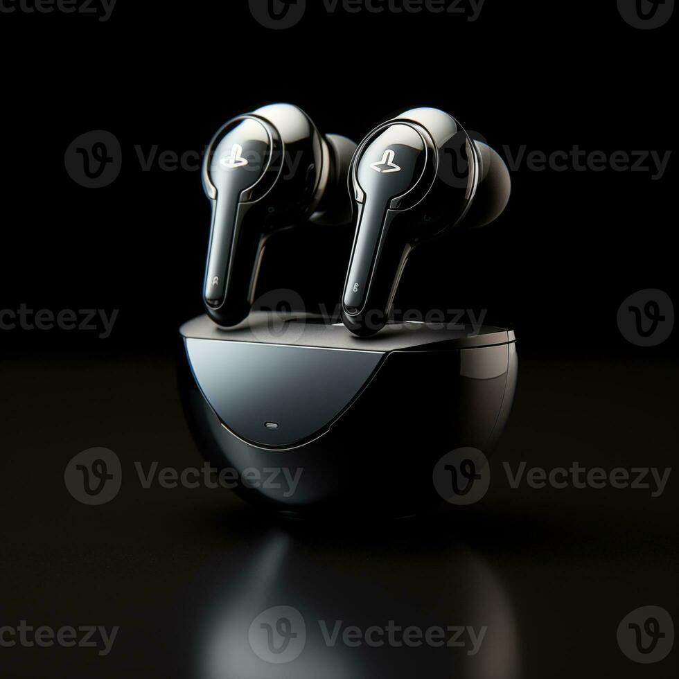 AI generated TWS Bluetooth Earbuds black color  in black background ai generated photo