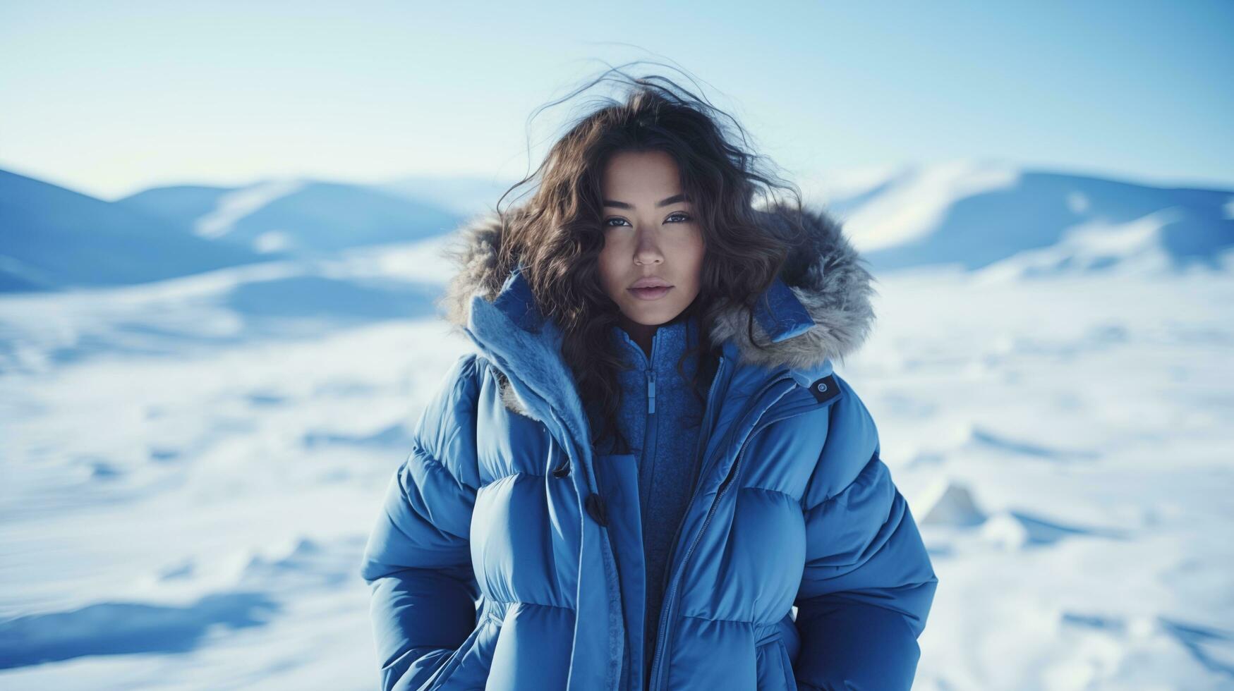 ai generado un joven mujer en un azul invierno chaqueta ai generado foto