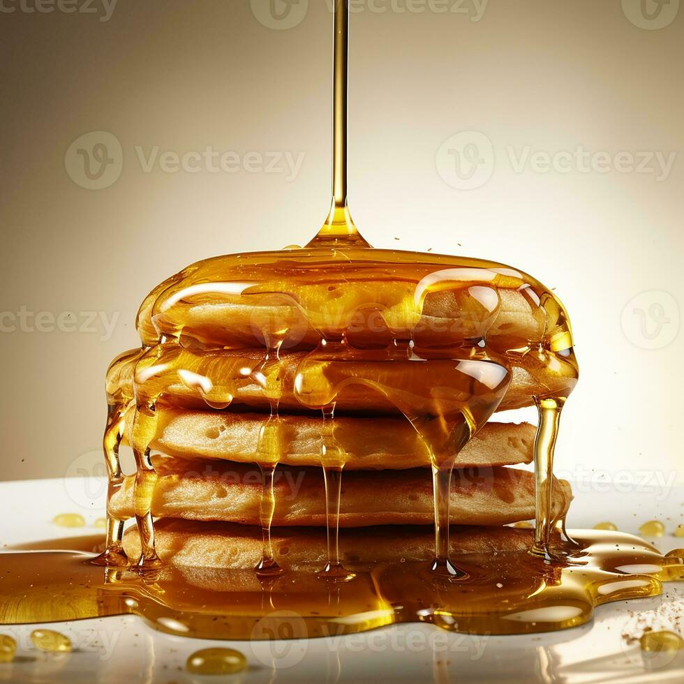 AI generated a stack of pancakes with honey, a symbol of Maslenitsa. homemade food, healthy breakfast photo