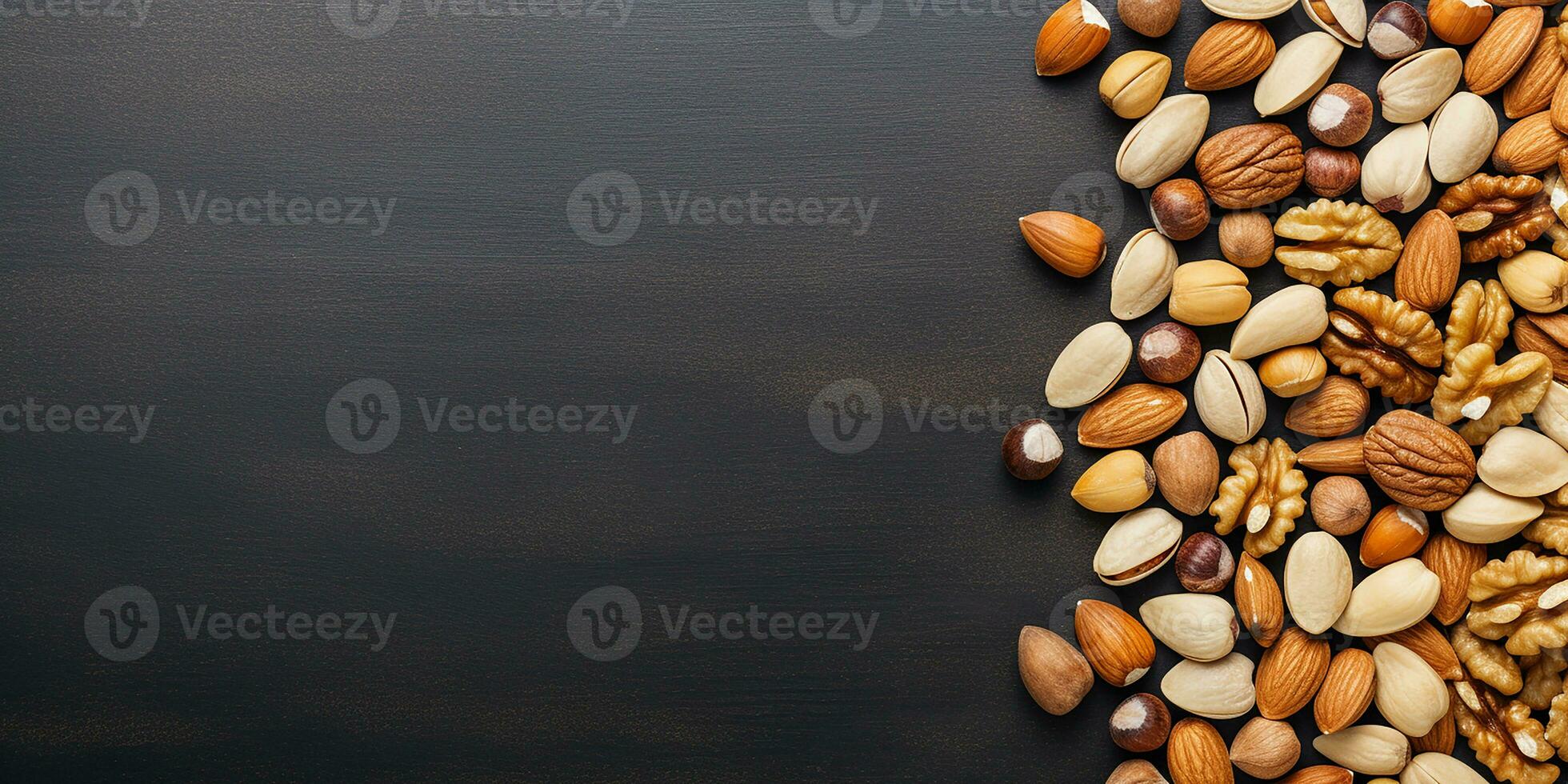 AI generated flat lay with nuts. set of different nuts, hazelnuts, cashews, walnuts, pistachios, almonds, macadamia. top view, with space for text photo