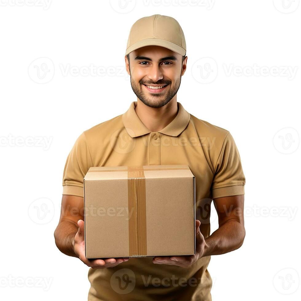 ai generado sonriente masculino mensajero con un caja en su manos. entrega símbolo, mensajero servicio, hogar entrega foto