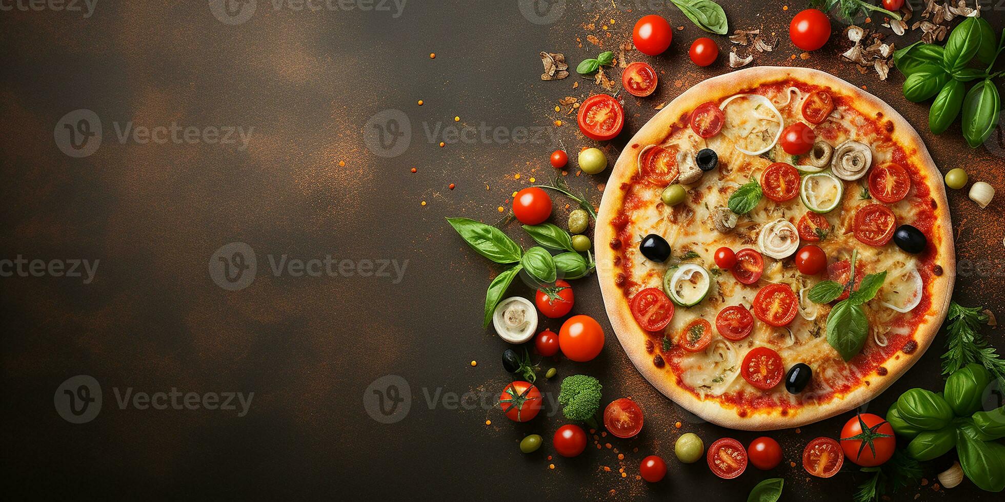 AI generated flat lay with pizza. delicious pizza with vegetables and sausage, top view, with space for text photo