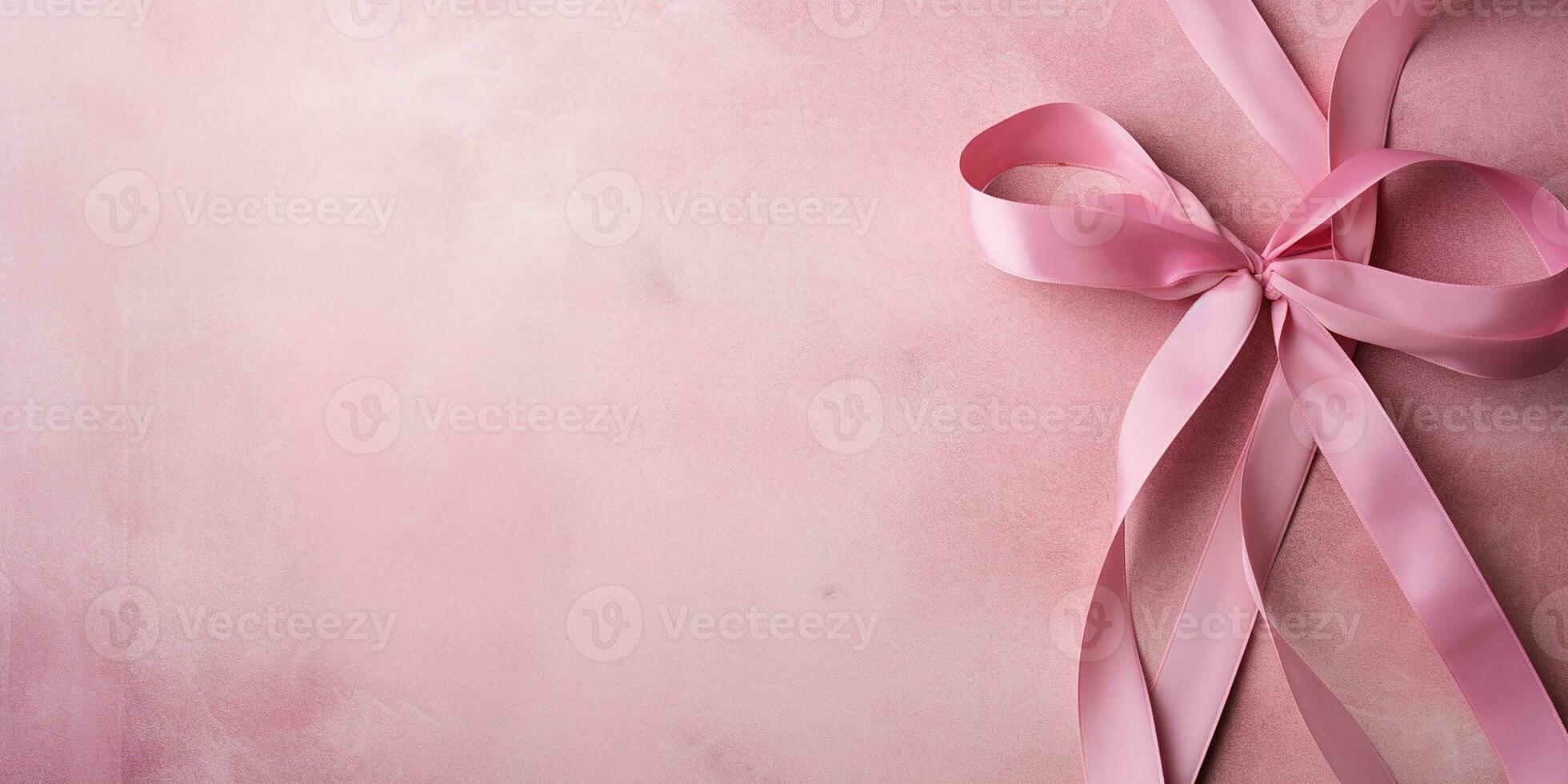 AI generated flat lay pink bow on a pink background. pink ribbon, symbol of the fight against breast cancer. photo