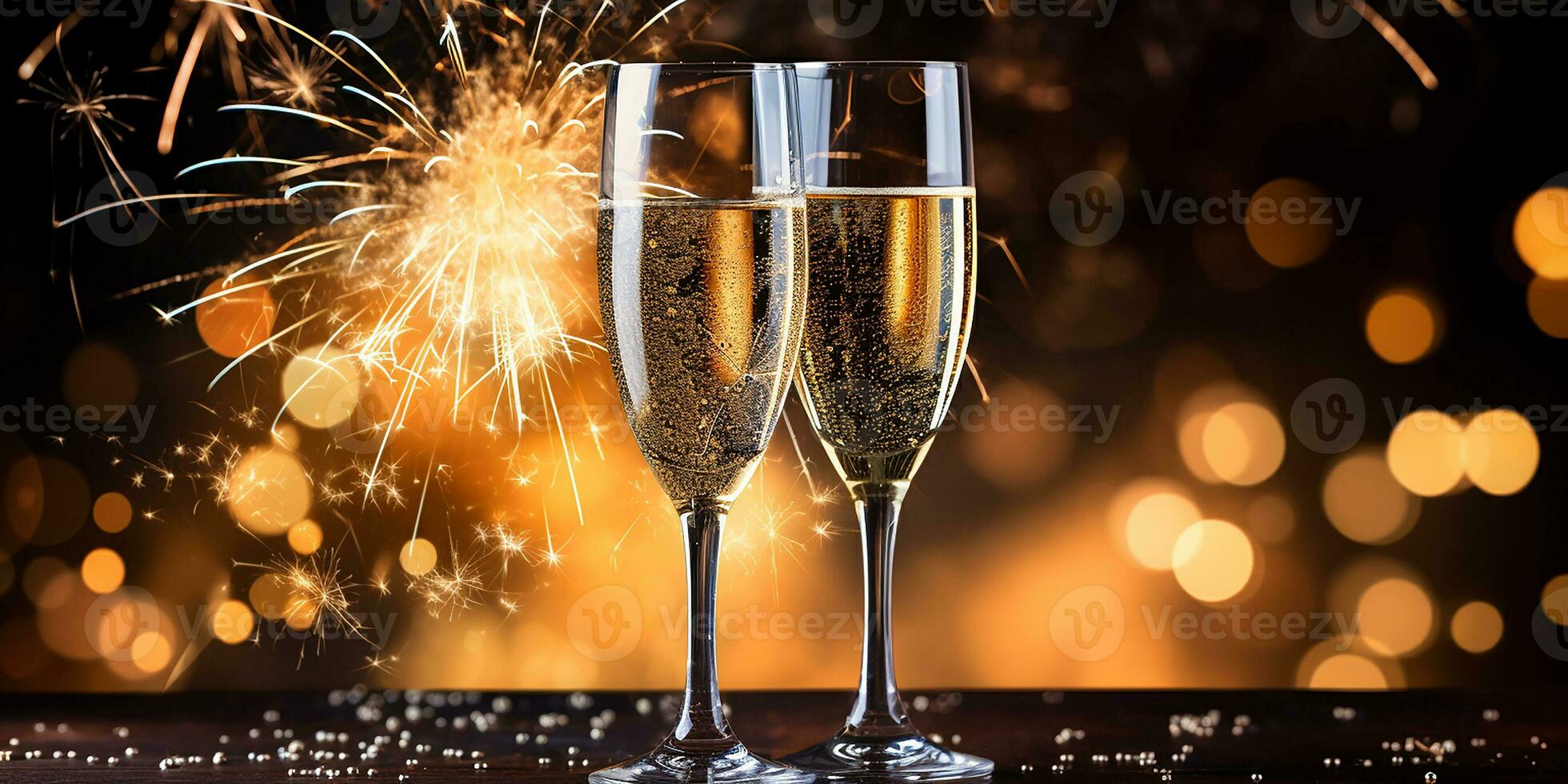 AI generated glasses of champagne against the backdrop of festive fireworks and gold sparkles. festive background for Christmas, New Year. AI generated photo