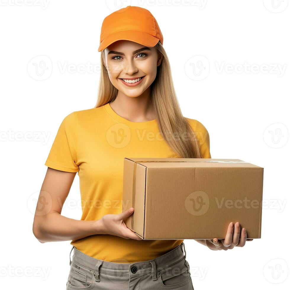 AI generated cute courier girl with a box in her hands. delivery symbol, courier service, home delivery photo