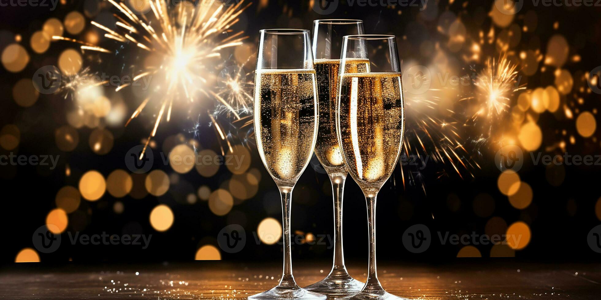 AI generated glasses of champagne against the backdrop of festive fireworks and gold sparkles. festive background for Christmas, New Year. AI generated photo