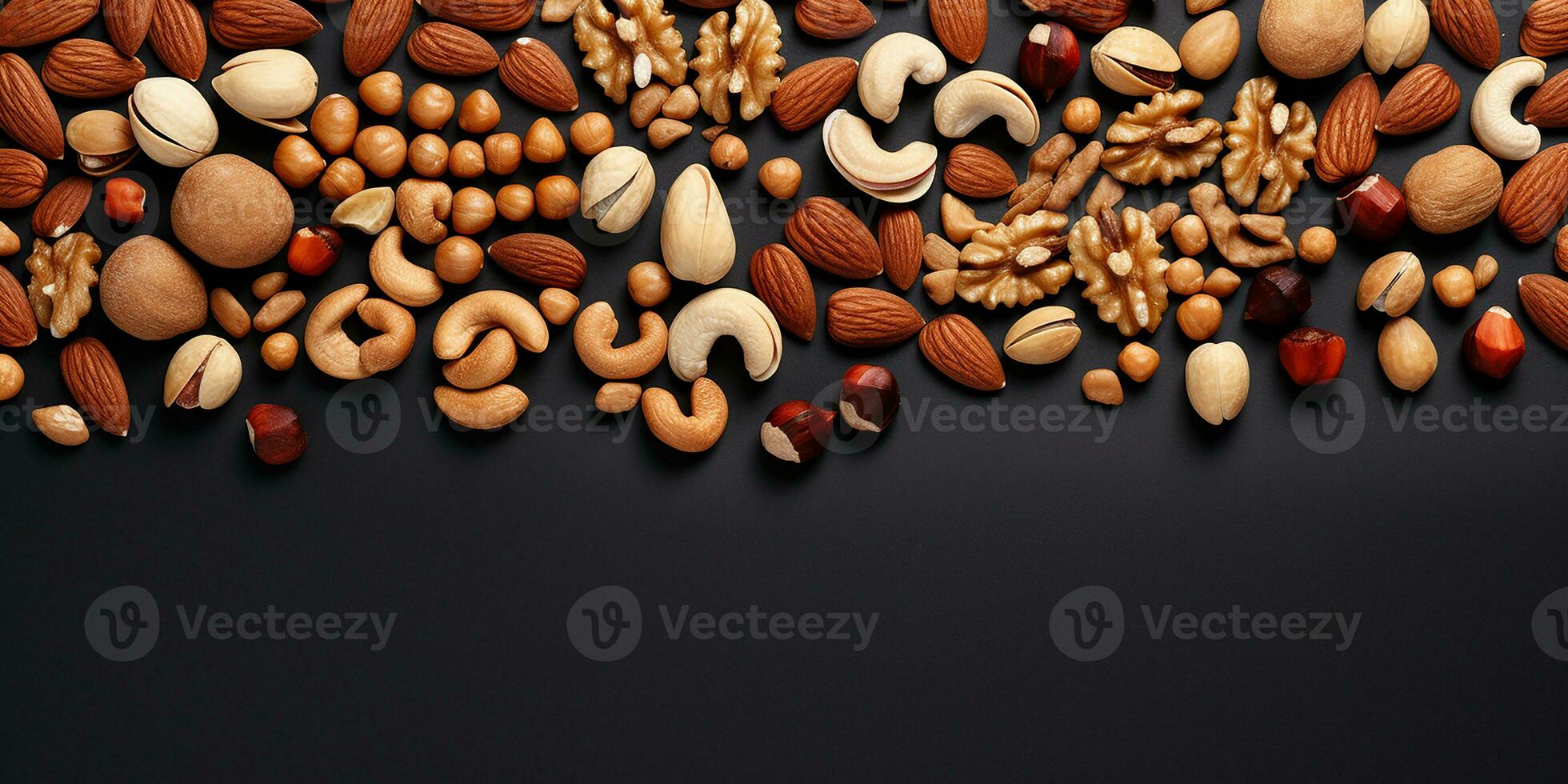 AI generated flat lay with nuts. set of different nuts, hazelnuts, cashews, walnuts, pistachios, almonds, macadamia. top view, with space for text photo