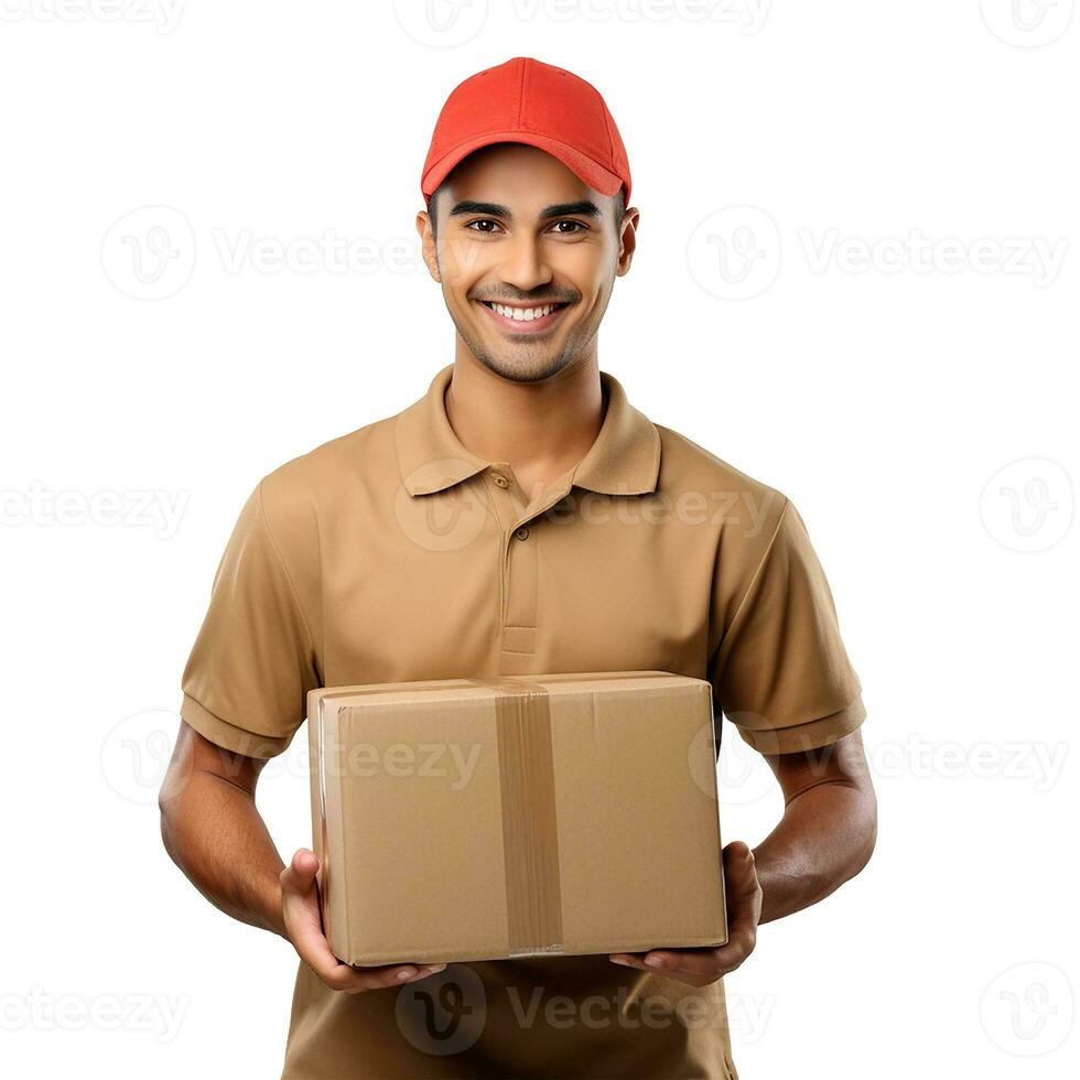 ai generado sonriente masculino mensajero con un caja en su manos. entrega símbolo, mensajero servicio, hogar entrega foto