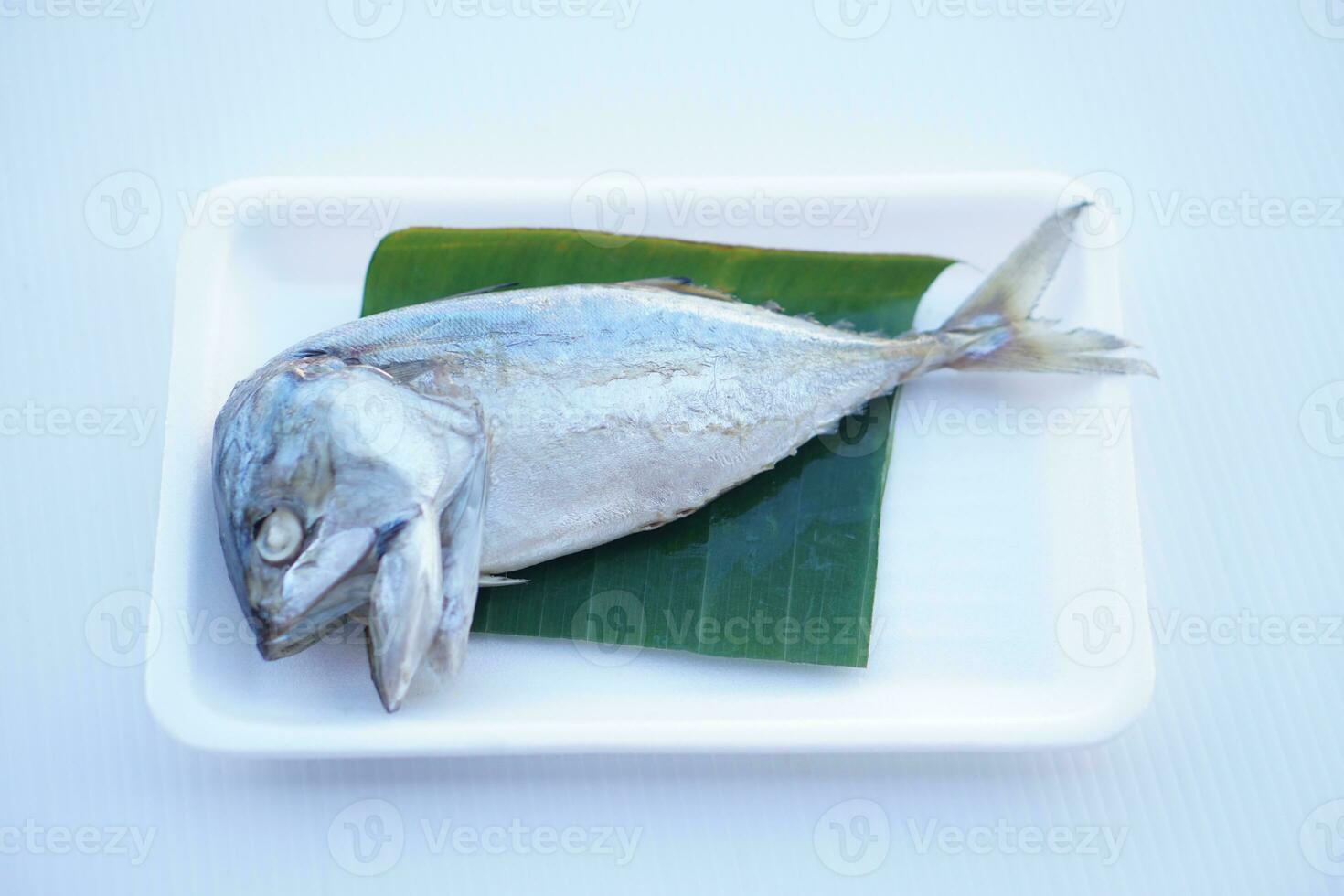 Steamed mackerel fish on green banana leaf , packed on foam tray for sale, prepared for cooking. Concept, Thai style of food package design to sell at market. Food ingredient. photo