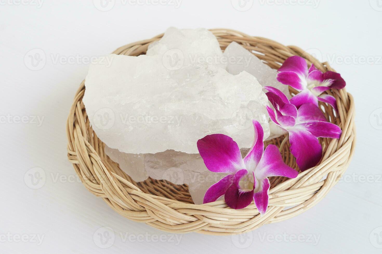 Crystal clear alum stones or Potassium alum on basket, decorated with