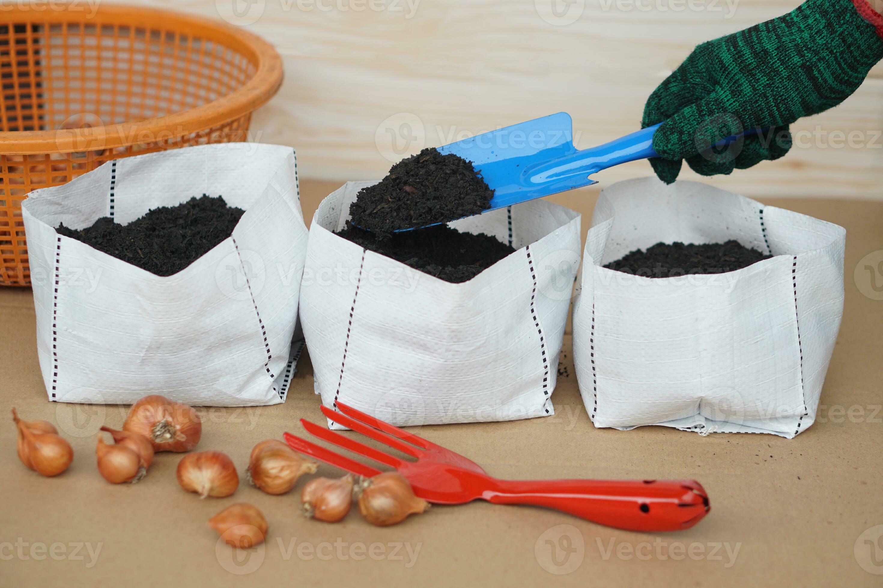 Close up hands wears glove, holds shovel to prepare organic soil in