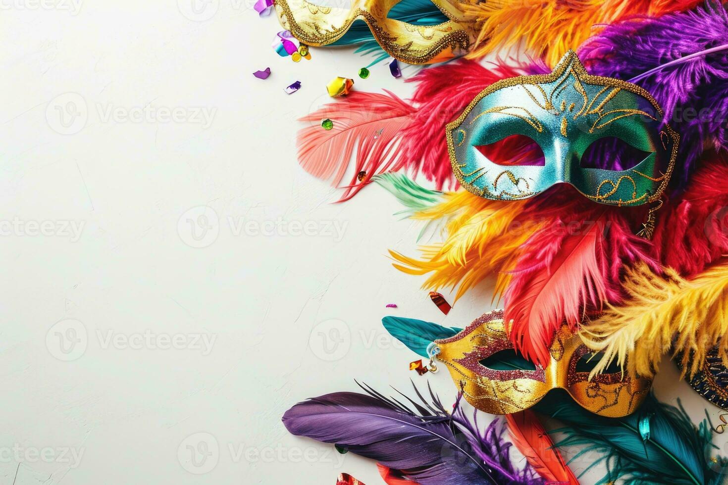 ai generado mardi gras carnaval vistoso plumas y mascaras en un festivo celebracion cultural extravagancia, florido creando un jubiloso, festivo tradicional traer vida a un celebracion, blanco antecedentes foto