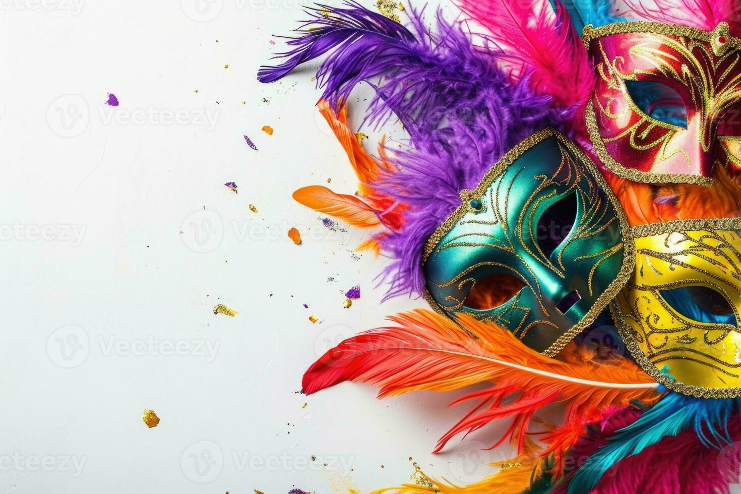 ai generado mardi gras carnaval vistoso plumas y mascaras en un festivo celebracion cultural extravagancia, florido creando un jubiloso, festivo tradicional traer vida a un celebracion, blanco antecedentes foto