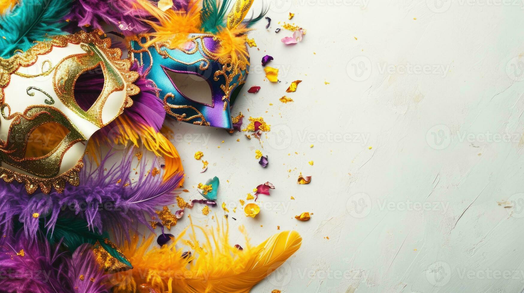 ai generado mardi gras carnaval vistoso plumas y mascaras en un festivo celebracion cultural extravagancia, florido creando un jubiloso, festivo tradicional traer vida a un celebracion, blanco antecedentes foto